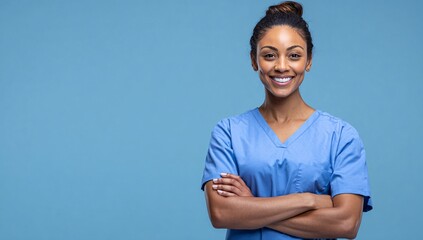  nurse with arms crossed wearing scrubs in a studio