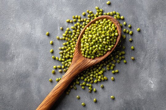 Wooden spoon filled with green mung beans - Powered by Adobe