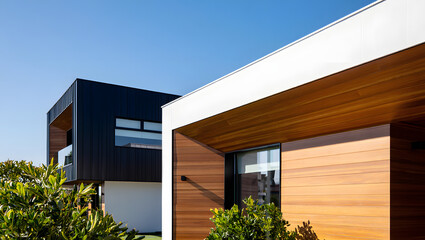 Modern architecture featuring wood and white exterior design