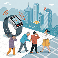 Elderly People Using Smartwatch Technology in Urban Environment Illustration


