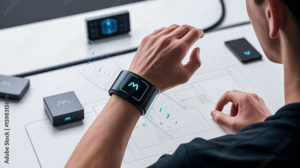 Poster technological innovation: close-up of a person wearing a cutting-edge smartwatch, surrounded by vari