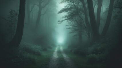 Obraz premium A mysterious forest scene with a foggy atmosphere and a glowing light in the distance.