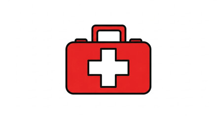 Fototapeta premium A red first aid kit with a white cross outlined in black is isolated on a white background