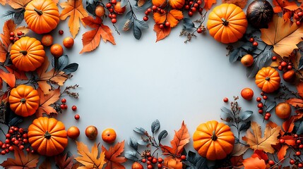 Obraz premium Autumn pumpkins and leaves arranged on a light blue background fall gourds
