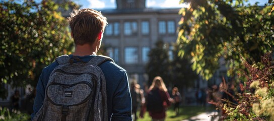 wearing a backpack, looking at the school building