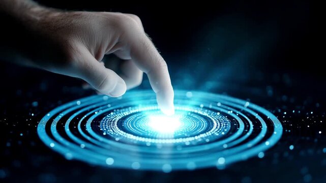 Hand interacting with glowing blue interface, futuristic touch screen, circuit board pattern, for website or app design, overlay effect, technology concept