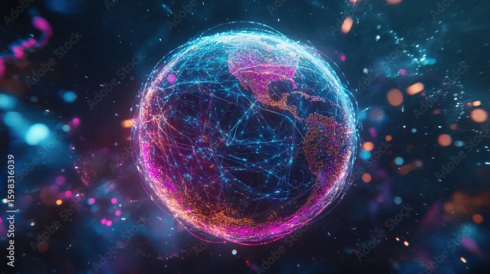 Poster vibrant 3d globe pulsating with network of lines and colors