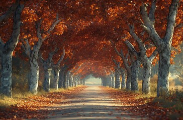 Fototapeta premium Autumn tree lined road with fallen orange leaves and sunlight avenue path