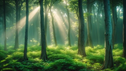 Obraz premium A forest scene with sunlight filtering through trees and illuminating the lush greenery. Nature and forest environment, serene and peaceful. The concept of wilderness and tranquility