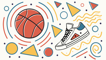 A vibrant illustration featuring a basketball and a sneaker, with colorful geometric shapes enhancing the energetic design.