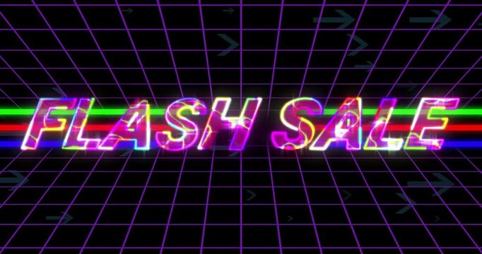 Neon 3D letters flickering into view aligning glitching FLASH SALE as arrows drifting to show sale