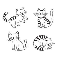 Set of Cute Cartoon Cats in Different Poses – Hand Drawn Vector Illustration