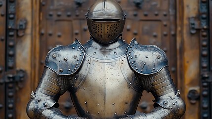 Medieval knight's armor displayed against a dark wooden door.
