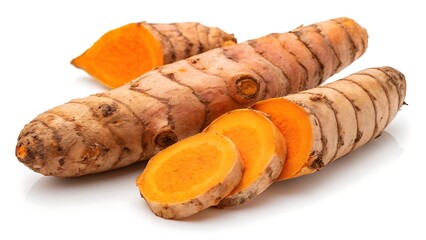 Fresh Turmeric Root Sliced on White Background spice