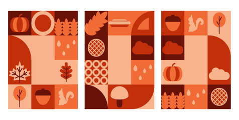Geometric autumn poster background for Thanksgiving with simple abstract pattern. Happy season sale card template with pie, pumpkin, vegetable and rain decorative mosaic. Retro flyer catalog design