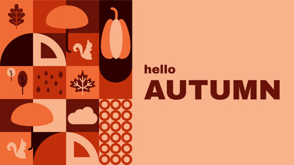 Autumn geometric card background. Abstract fall or thanksgiving template for season sale banner. Pie, pumpkin and oak leaf mosaic for promotion. Decorative geometry ornament with squirrel and rain.