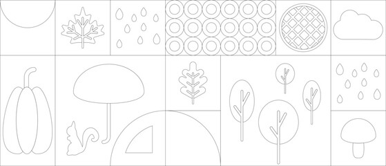 Outline autumn geometric background. Fall or Thanksgiving pattern for happy season sale design. Pie, pumpkin, umbrella and mushroom simple graphic card template with circle and square creative mosaic.