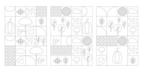 Outline autumn geometric poster with abstract pattern. Happy fall season sale design illustration. Flat pie, pumpkin, nature and mushroom decorative banner or invitation. Rain mosaic for notebook.
