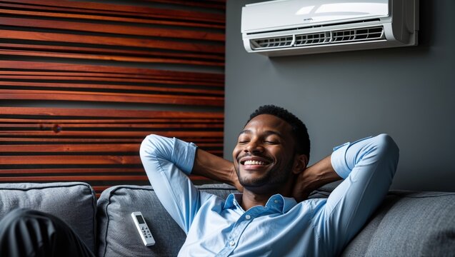 Relaxed young Black man enjoying comfort on a sofa with air conditioning at home.