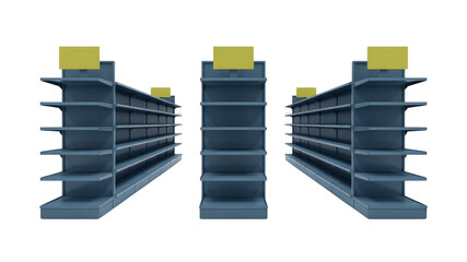 Empty Retail Store Shelves, Gondola Shelving Units, Supermarket Display Racks, 3D Render