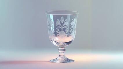 A glass with ornate floral patterns on a soft, pastel-colored background.