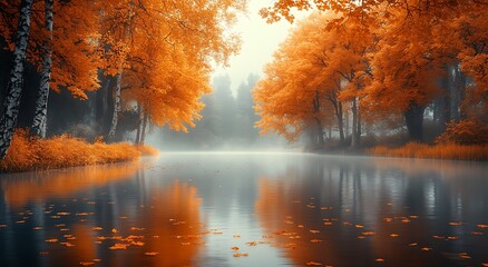 Fototapeta premium Misty autumn lake with vibrant orange trees and reflections fall water