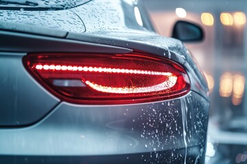 Obraz premium Car rear detail at wash with red taillight
