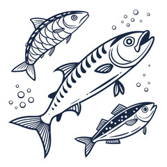 Fototapeta premium Three Dark Blue Line Art Fish Illustrations Mackerel Sprat Herring