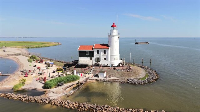 Aerial view of Marken peninsula and Paard van Marken lighthouse