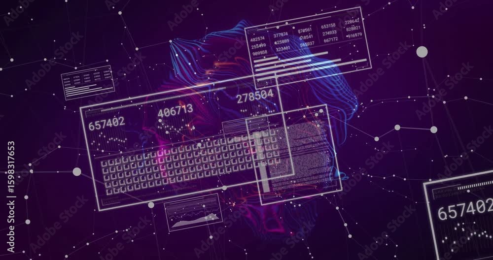 Poster on launch wireframes fading around waveform while counters updating data for tracking, grid pulsing