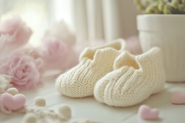 Baby booties on table with soft pastel tones