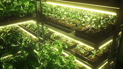 Close-up of plants growing on multi-tier vertical farming racks with LED lights