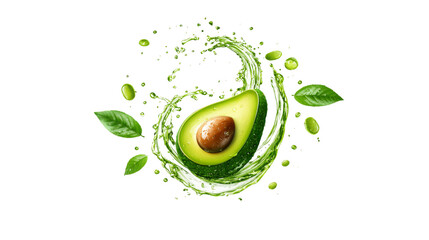 Avocado half and leaves splash with juice on a transparent background