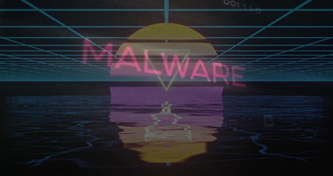 Glitches sweeping grid sparking letters flashing morphing into malware rotating for threat demo