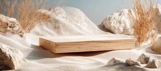 Minimalist Wooden Product Display with Sand