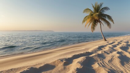 Fototapeta premium Beach scene with a solitary palm tree by the ocean and sandy shore during sunset.