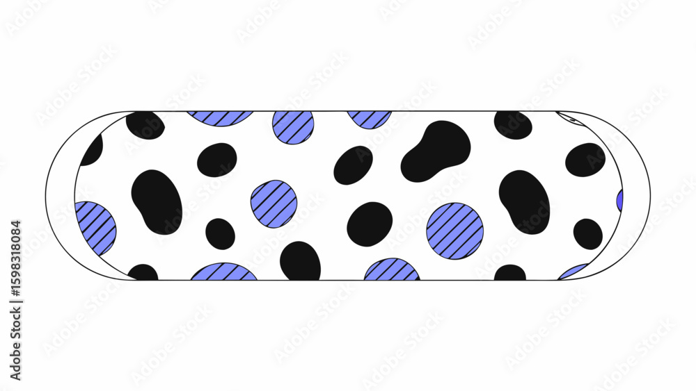 Poster abstract design featuring a playful array of black and blue polka dots on a white background.