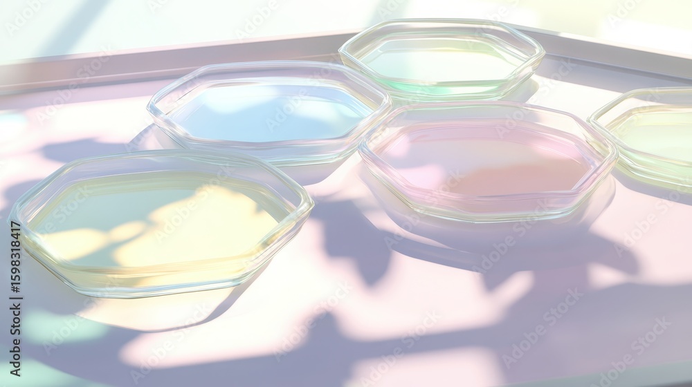 Poster colorful hexagonal plates with soft light and shadows on a surface