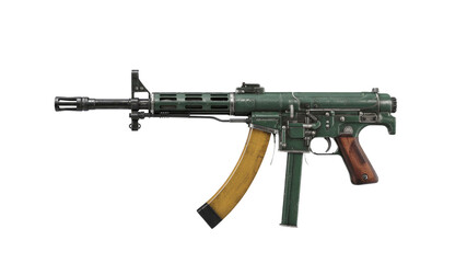 Side View of a Vintage Military Submachine Gun, Green and Wood Stock