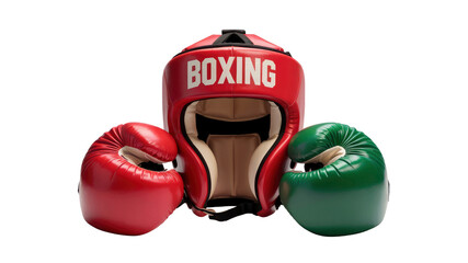 Red and Green Boxing Gloves and Headgear on Transparent Background
