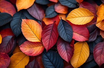 Pile of fallen autumn leaves in vibrant red yellow and dark blue colors nature season