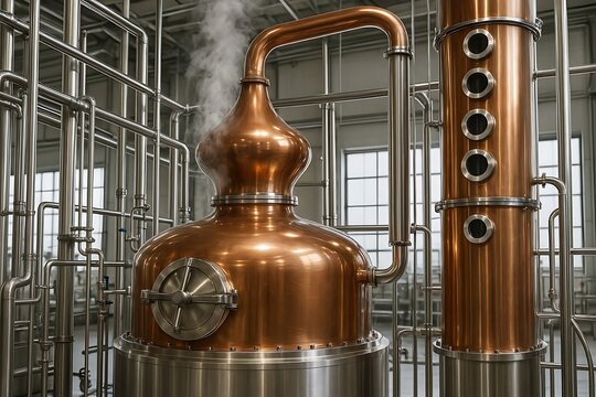 Copper Pot Still and Column in Modern Distillery with Stainless Steel Pipes and Steam
