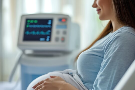 Pregnant woman with hospital monitor on bed - Powered by Adobe