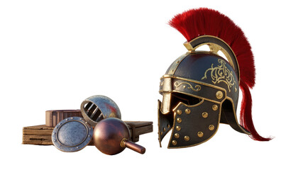 Ancient Gladiator Helmet and Armament on Wooden Crate