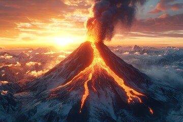 Volcano erupting with lava and snow at sunrise