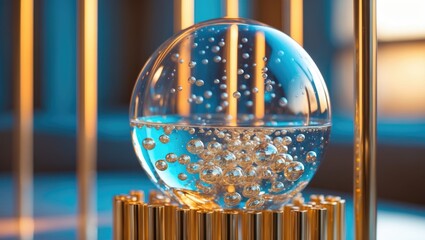 A metaphorical concept of science and technology with a glass sphere containing bubbles, set against a modern decorative background.