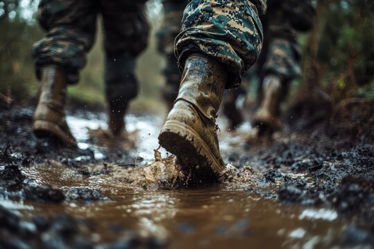Soldiers trek through mud with water splashes