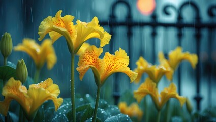 Yellow flowers blooming in the rain with a blurred background, capturing the beauty of nature and weather.