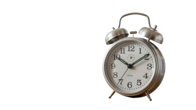 Classic Silver Alarm Clock on Transparent Background