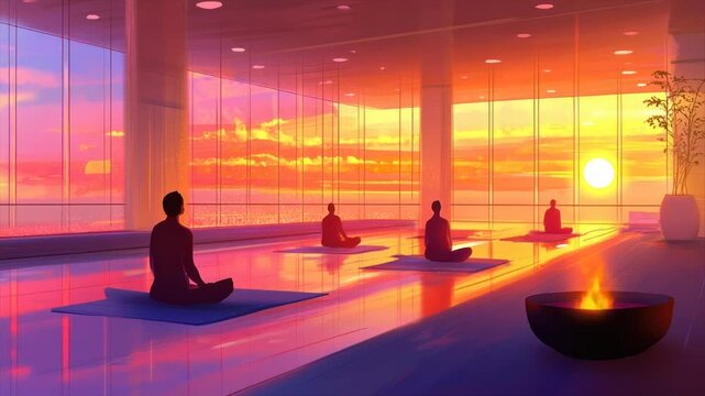 Sunset yoga class in a modern studio with panoramic windows